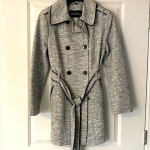 Grey coat, black buttons, tie waist, zipper pockets